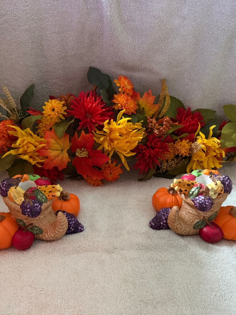 Autumn Harvest Decorative Cornucopia Pair in Orange, Red, Yellow
